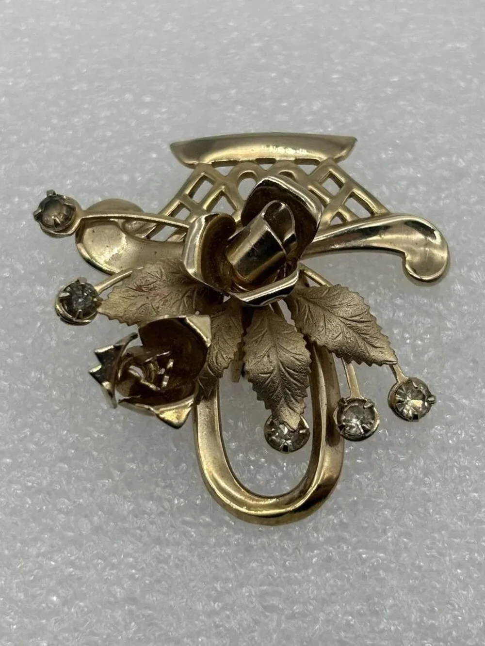 Vintage Basket of Roses Brooch Pin Polished Etched Gold Tone Rhinestone Unsigned